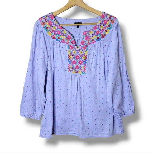 Talbots Floral Embroidered Chambray Blouse Size L - Picture 2 of 8